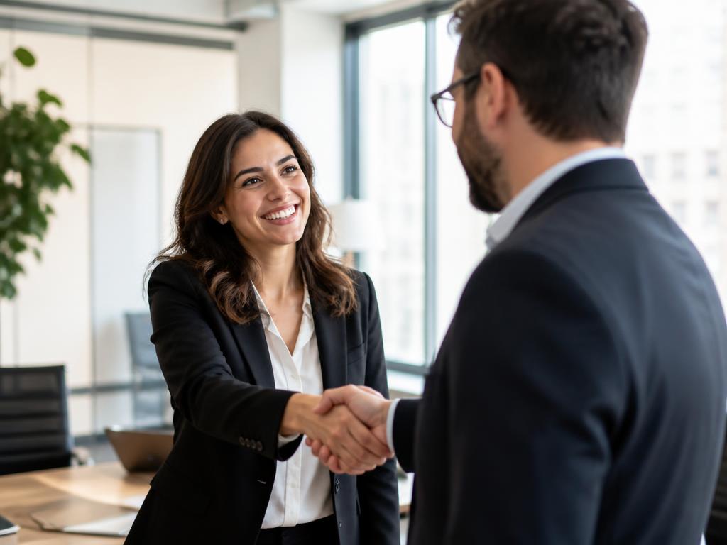 Two business professionals shaking hands in a bright modern office